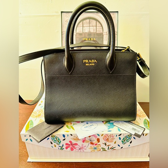 Prada 2-Way Saffiano Leather Black with Pink Interior Accordion Bag - Picture 2 of 15